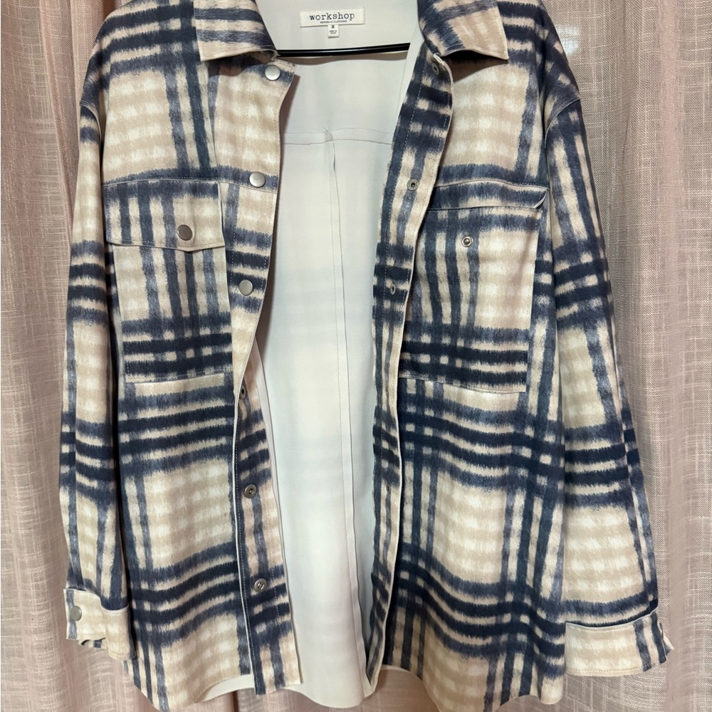 Workshop Republic Clothing Navy and Beige Plaid Utility Jacket